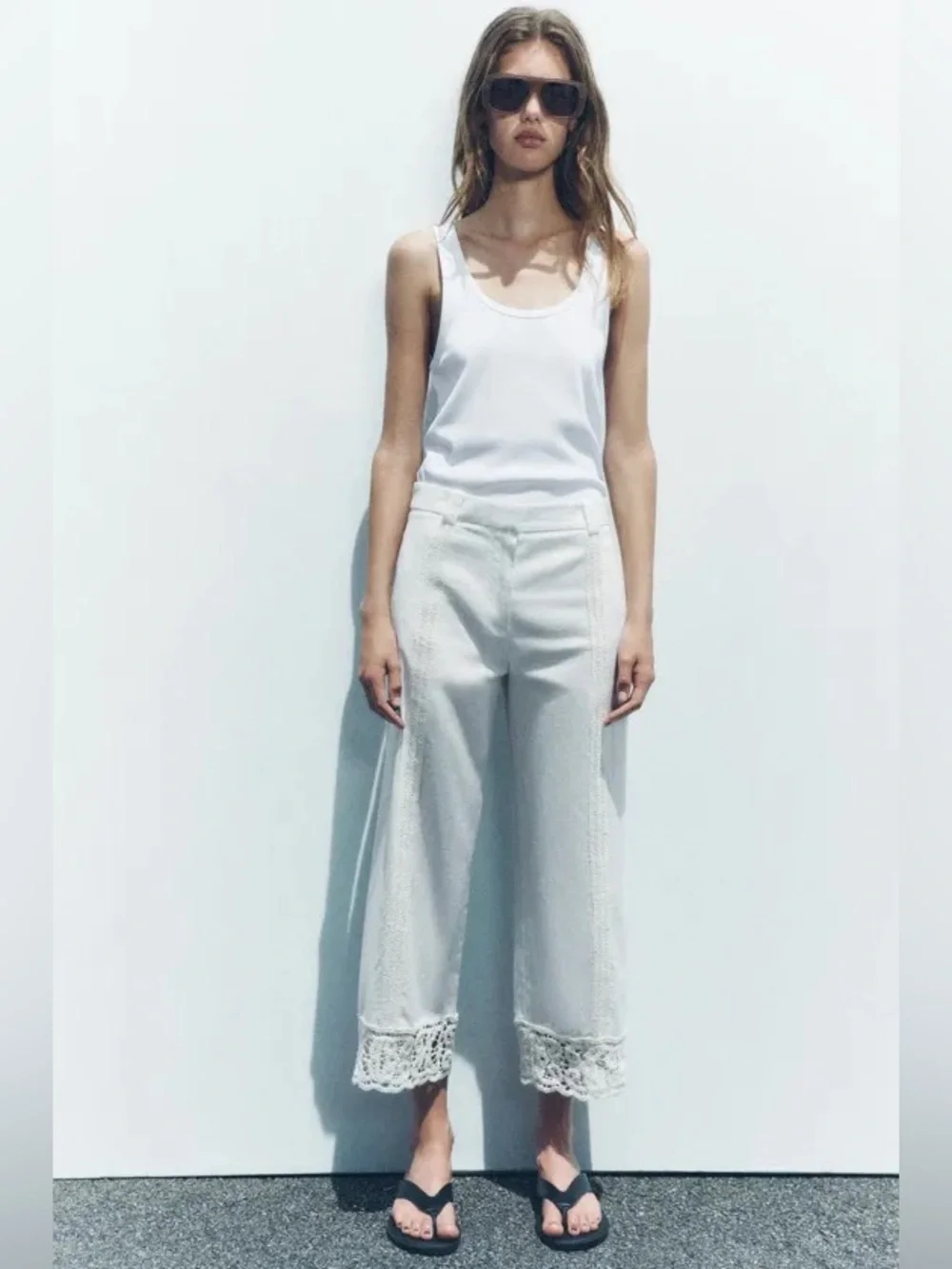NWT Zara Linen Blend Crochet Wide Leg Cropped Pants Bloggers Fave in Ecru Sz M
